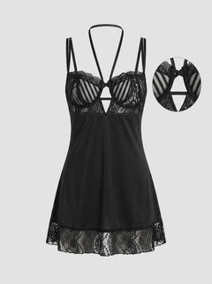 Luxurious black multi strap microfiber, lace and mesh babydoll from Scandals, featuring removable bead halter tie, overlay underwire cups, and a g-string.