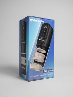 Amovibe Porsha Automatic Masturbator with emphasis on its high-quality materials and IPX6 splashproof design, ensuring durability and pleasure.