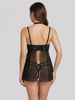 Stunning close-up of the lace & mesh babydoll of the Seven Til Midnight set, emphasising delicate texture and luxurious craftsmanship.