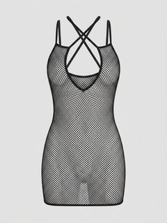 Styling options for the Pink Lipstick Spellbinding Fishnet Dress in Black, illustrating how to layer this elegant fishnet dress over various lingerie pieces for a chic and seductive look.