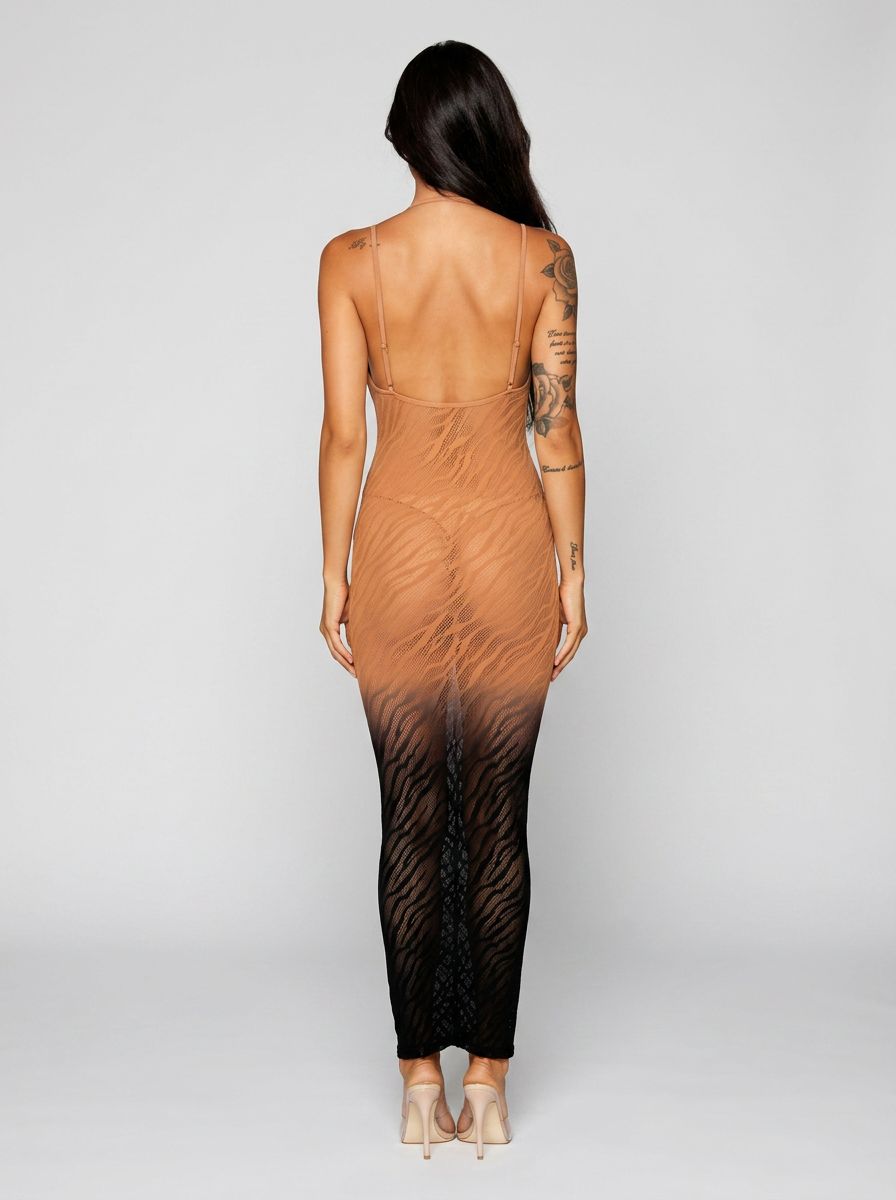 Dreamgirl black and copper ombre maxi dress with seamless zebra knit design, flowing and fitted style.