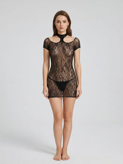 Full view of the Rene Rofe Black Cold Shoulder Lace Bodystocking Dress, featuring a body-hugging silhouette and long sleeves, a stunning choice for a unique bodystocking dress.
