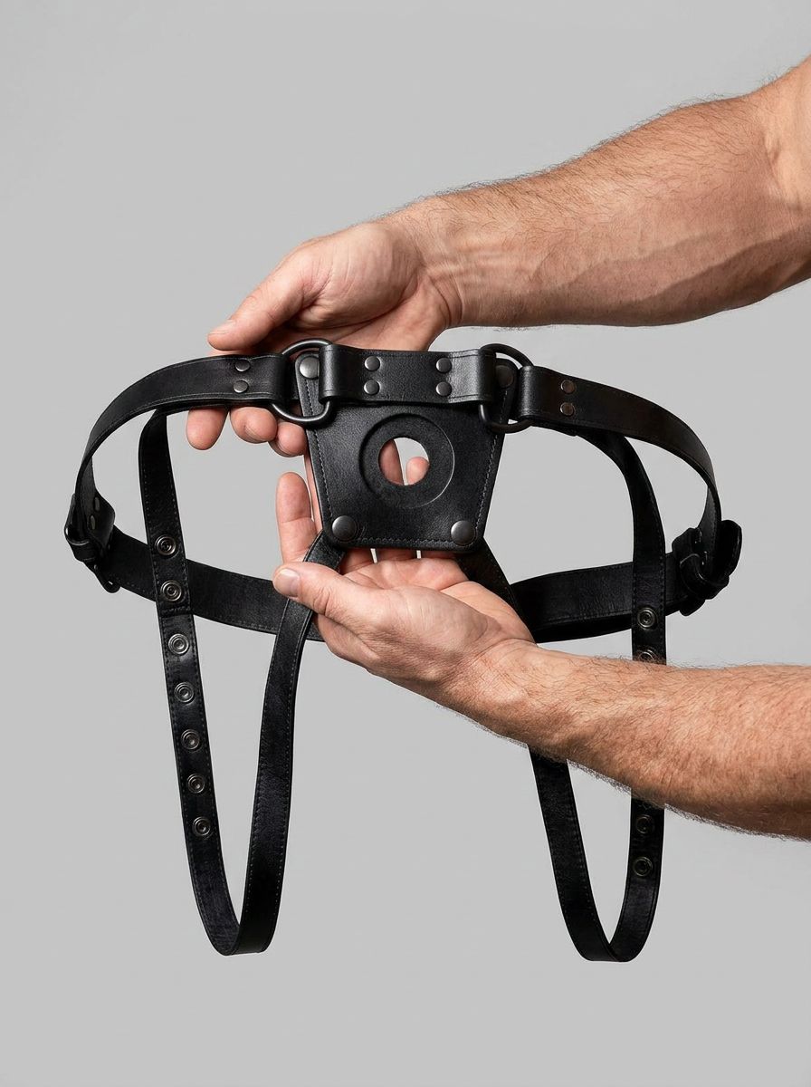 Prowler RED Leather Dong Jock Strap Unisex Strap-On Harness showcasing its luxurious leather texture, perfect for strap harness enthusiasts.