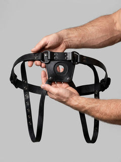 Prowler RED Leather Dong Jock Strap Unisex Strap-On Harness showcasing its luxurious leather texture, perfect for strap harness enthusiasts.