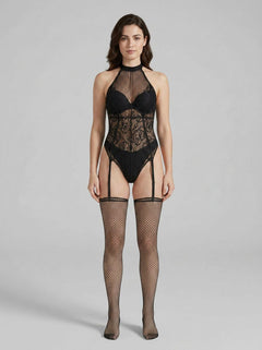 Elegant Lace by LJ Floral Lace & Net Halter Suspender Bodystocking Black showcasing intricate floral lace details, designed for a luxurious feel and flattering fit. Ideal for intimate occasions and confident bedroom styling, this floral suspender bodystocking accentuates curves beautifully.