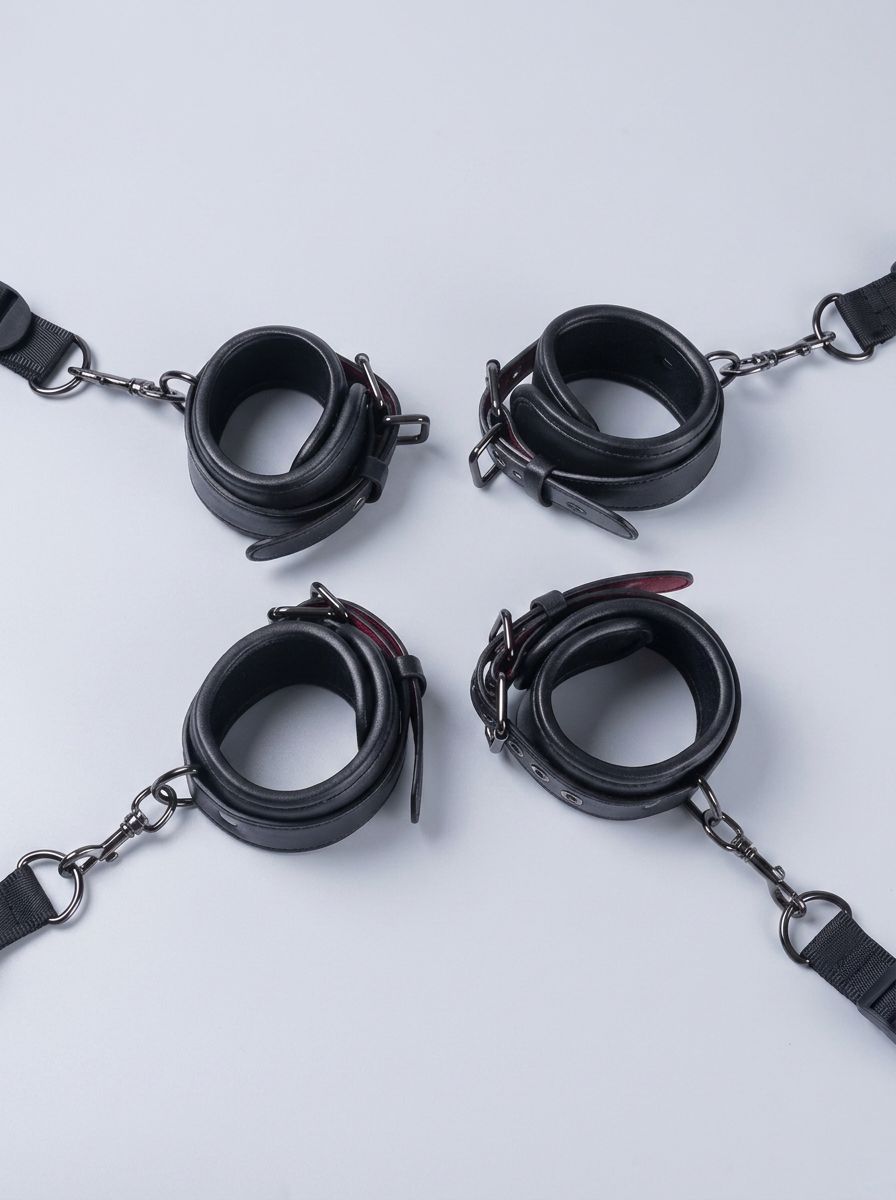Luxury Faux Leather Bondage Bed Restraint Kit featuring four black adjustable cuffs with chains and straps, bed restraint accessories