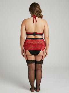 Close-up of the intricate lace detailing on the Aria Crotchless Red Lace Plus Size Suspender Set, demonstrating the exquisite craftsmanship that defines this luxurious and alluring suspender lingerie set.