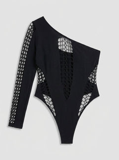 Refined Pink Lipstick Queen Size Black Mesh Cut Out One Sleeve Bodysuit with unique cut-out and mesh elements, perfect for making a statement in intimate or party settings.