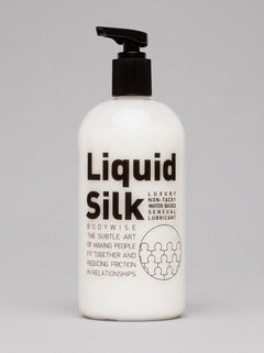 Liquid Silk water-based personal lubricant bottle with smooth, clear liquid inside, designed for sensitive skin and easy application.