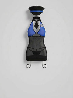Close-up of the Baci Sexy Sergeant Police Woman Lingerie Set including collar, tie, badge, and hat, showcasing bold styling for the ultimate sexy police woman look.