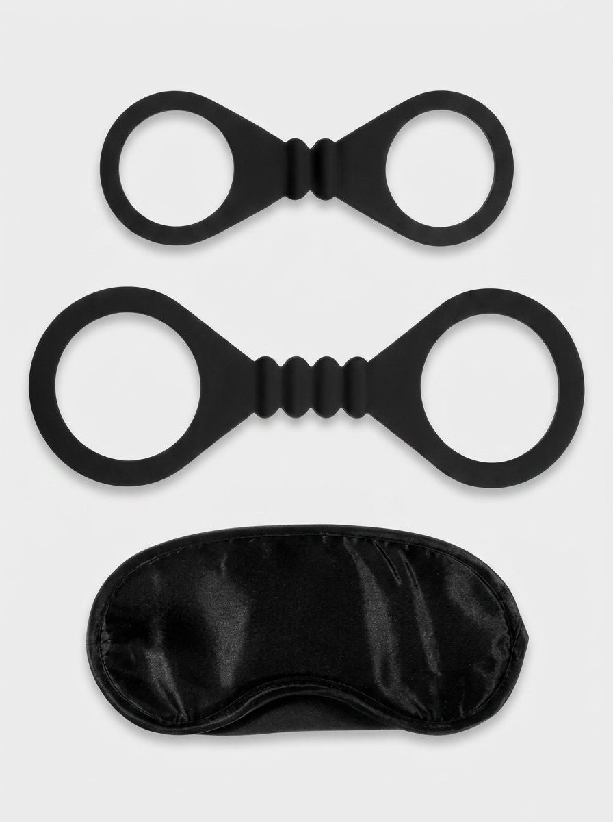Luxurious Bound To Please Blindfold, Wrist & Ankle Cuffs Set showcasing premium satin blindfold designed for sensory deprivation.