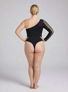 Chic Pink Lipstick Queen Size Black Mesh Cut Out One Sleeve Bodysuit featuring dramatic one sleeve design and high-cut leg, embracing modern luxury in intimate fashion.