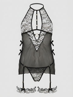 Flat lay of the G-World Black Pearl 3Pc Halter O-Ring Babydoll & Panty Garter Set, featuring the exquisite lace and sheer mesh components, perfect for a luxurious lingerie collection.