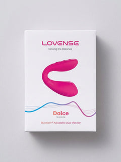 Lovense Dolce Remote App Control Dual-Ended Vibrator retail box showing the pink Bluetooth adjustable dual vibrator, premium app control vibrator