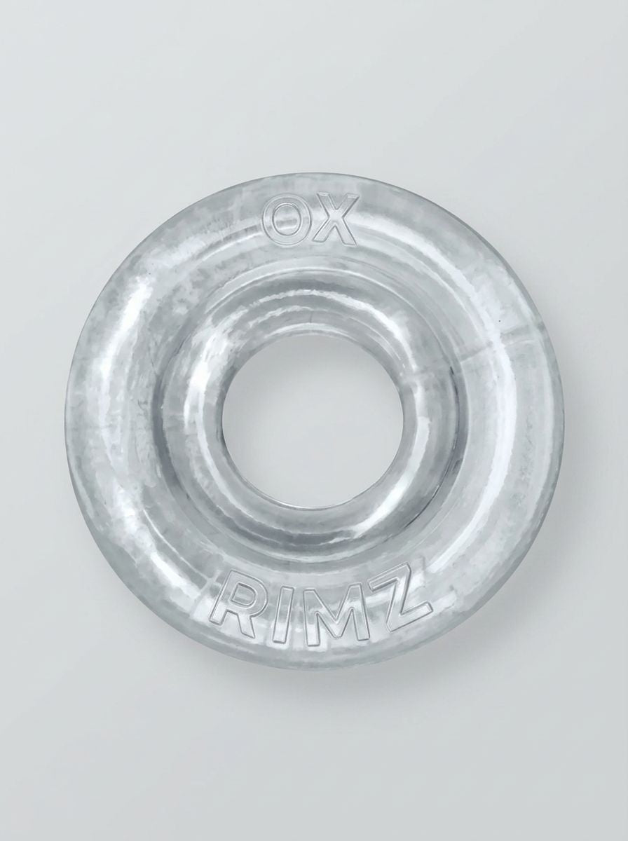 Sophisticated Oxballs Rimz Single Stretchy Thick Cock Ring in Clear, designed for versatility in solo or partnered use.