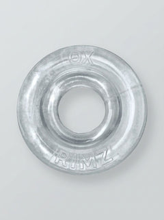 Sophisticated Oxballs Rimz Single Stretchy Thick Cock Ring in Clear, designed for versatility in solo or partnered use.