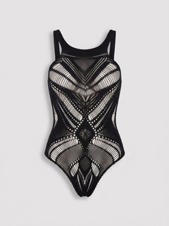 Baci Jacquard Sheer Mesh Cut-Out Bodysuit Black, premium one-size bodysuit in midnight black sheer jacquard mesh for elegant lingerie styling