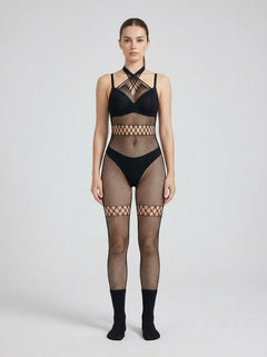 Elegant display of the Lace by LJ Crossover Neck Crotchless Fishnet Bodystocking featuring fence net detailing and open buttock design.