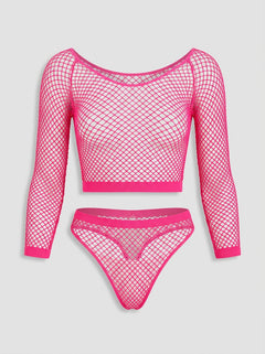The Lace by LJ Fence Net Crop Top and Bottoms Fishnet Set arranged elegantly, highlighting the intricate lace detailing and comfortable stretch fabric of this luxurious fence net set.