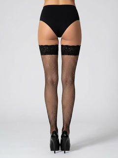 Dramatic display of Lace by LJ Fishnet Thigh High Stockings with Rhinestones, ideal for creating a captivating look for special occasions.
