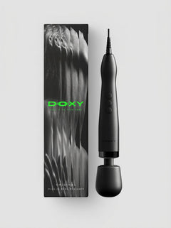 Doxy 2.0 Original Plug-In Massage Wand Vibrator beside its luxury branded packaging, showing the complete black massage wand