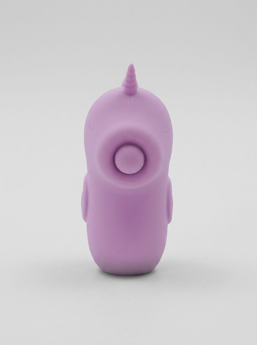 Unihorn Karmic Kisses finger vibrator with pulsating motion and 10 pleasure settings, shown in use on the finger.