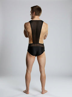 Black mesh sleeveless singlet for men by Male Power, featuring a sheer, form-fitting design for stylish men's outfits and costumes.