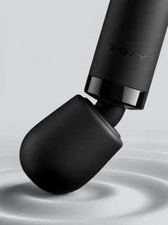 Close-up of the soft rounded head on the Doxy 2.0 Original Plug-In Massage Wand Vibrator, highlighting its smooth black massage wand finish