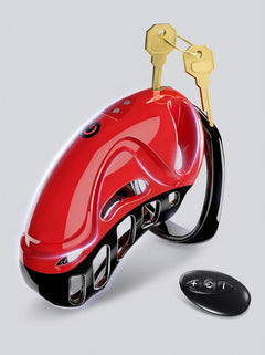Vibrating Remote Control Plastic Chastity Cock Cage in glossy red and black, with remote control and two keys