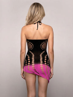 Refined back perspective of the Fantasy Lingerie Ready or Not Black/Pink Ombre Asymmetrical Keyhole Halter Dress, showcasing its flattering cut and luxurious ombre detail.