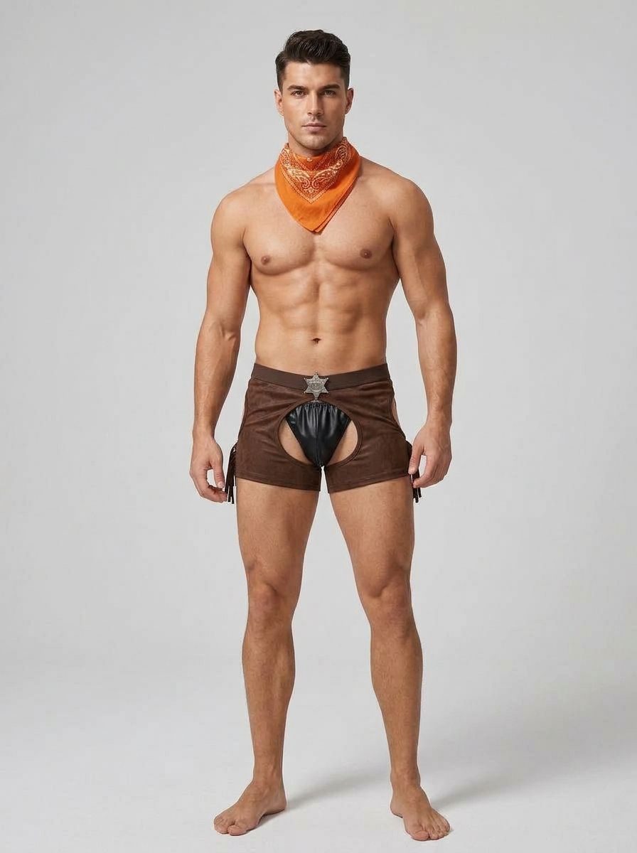 Male Power cocky cowboy costume shorts set for men, includes matching shirt and accessories, ideal for themed costume parties.