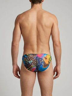 Chic Male Power Print Brazilian Bikini, designed with slim sides and a full back, embodying sophistication in brazilian bikini briefs.
