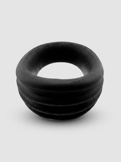 HunkyJunk Expander Silicone Cock & Ball Ring in Black Fog, front view of the broad ribbed cock ring design