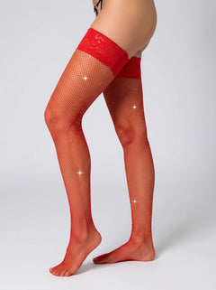 Ravishing Lace by LJ Fishnet Thigh High Stockings with Rhinestones, designed to captivate and enhance the wearer's confidence.