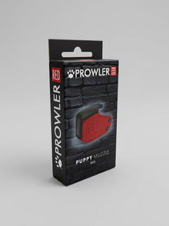 Prowler RED Puppy Muzzle in various angles, highlighting its premium neoprene material, perfect for comfortable and fashionable puppy play.