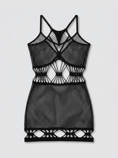 Baci Diamonte Net Sheer Cut-Out Bodycon Mini Dress Black, luxury lingerie styling view of the thigh-skimming sheer mini dress