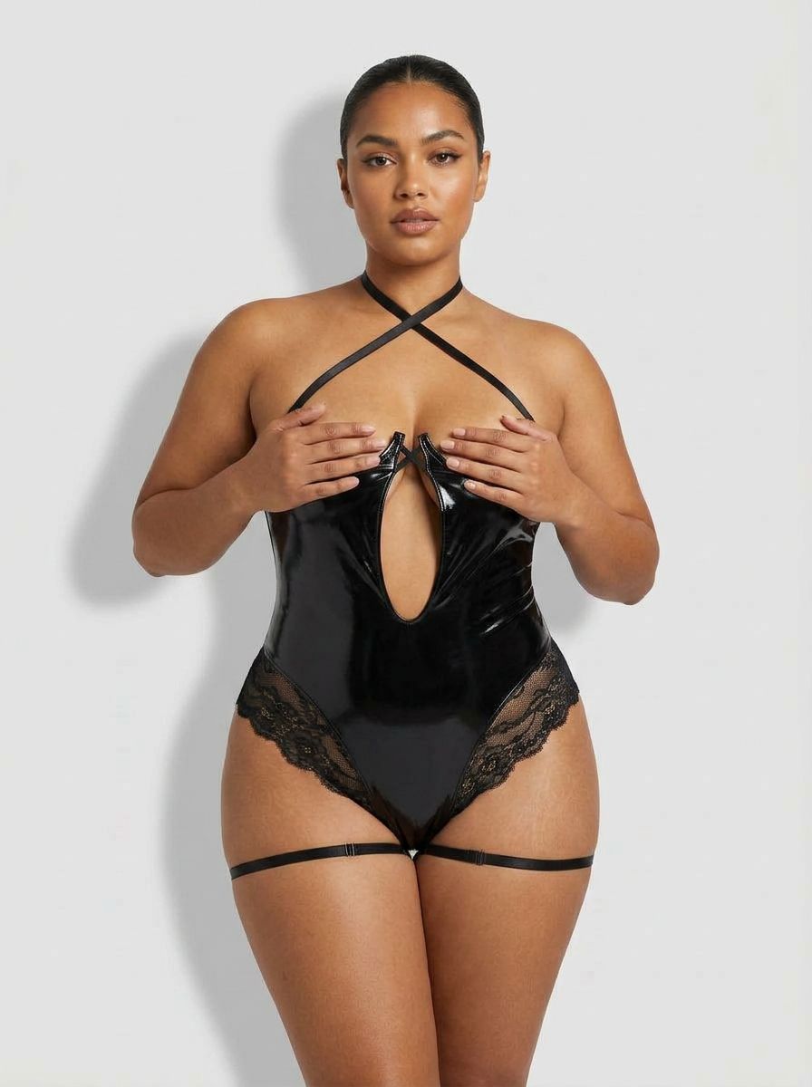 Rene Rofe Vinyl Vibes strappy open cup wet look lace halter teddy, featuring a revealing design and intricate lace details.