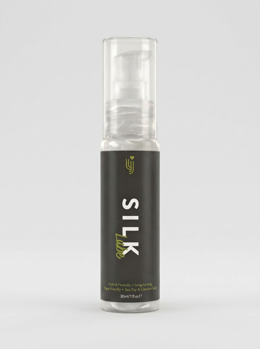 Loving Joy Silk Hybrid Lubricant - Long-Lasting, Vegan-Friendly & Paraben-Free Formula pump bottle, luxurious Hybrid Lubricant packaging