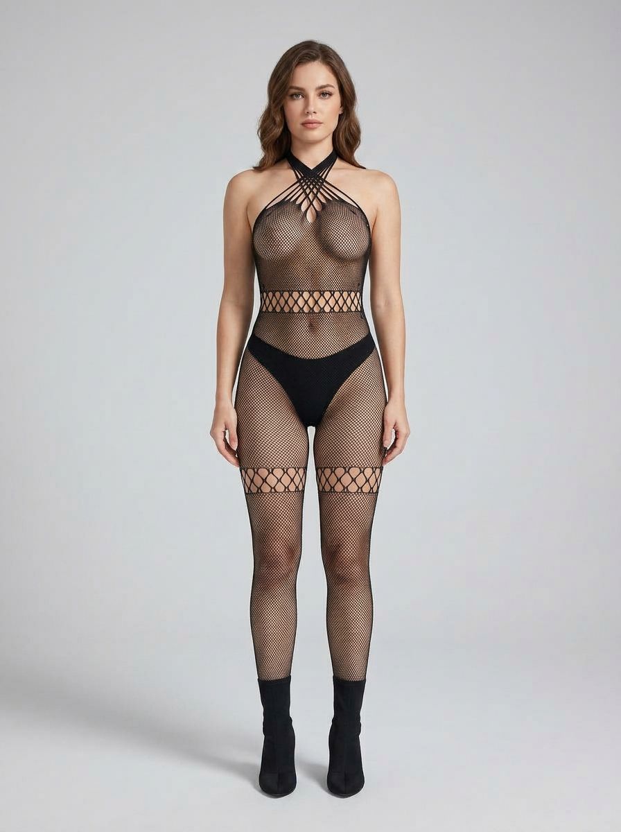 Lace by LJ Crossover Neck Crotchless Fishnet Bodystocking showcased on a model, highlighting its chic halter neckline and provocative design.