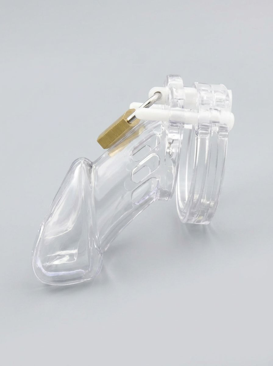 The Scandals Clear Black Pink and Blue Cock Cage showcasing a luxurious design, ideal for BDSM play.