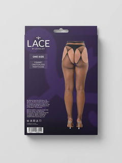 Lace by LJ Fishnet Crotchless Pantyhose displayed with complementary lingerie, highlighting their versatile and stylish appeal as a key piece of luxurious fishnet tights.