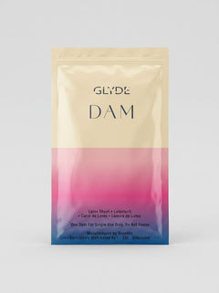 Front sachet of Sheer Glyde Vegan Dams Vanilla Flavour 4 Pack, premium single-use latex oral dams