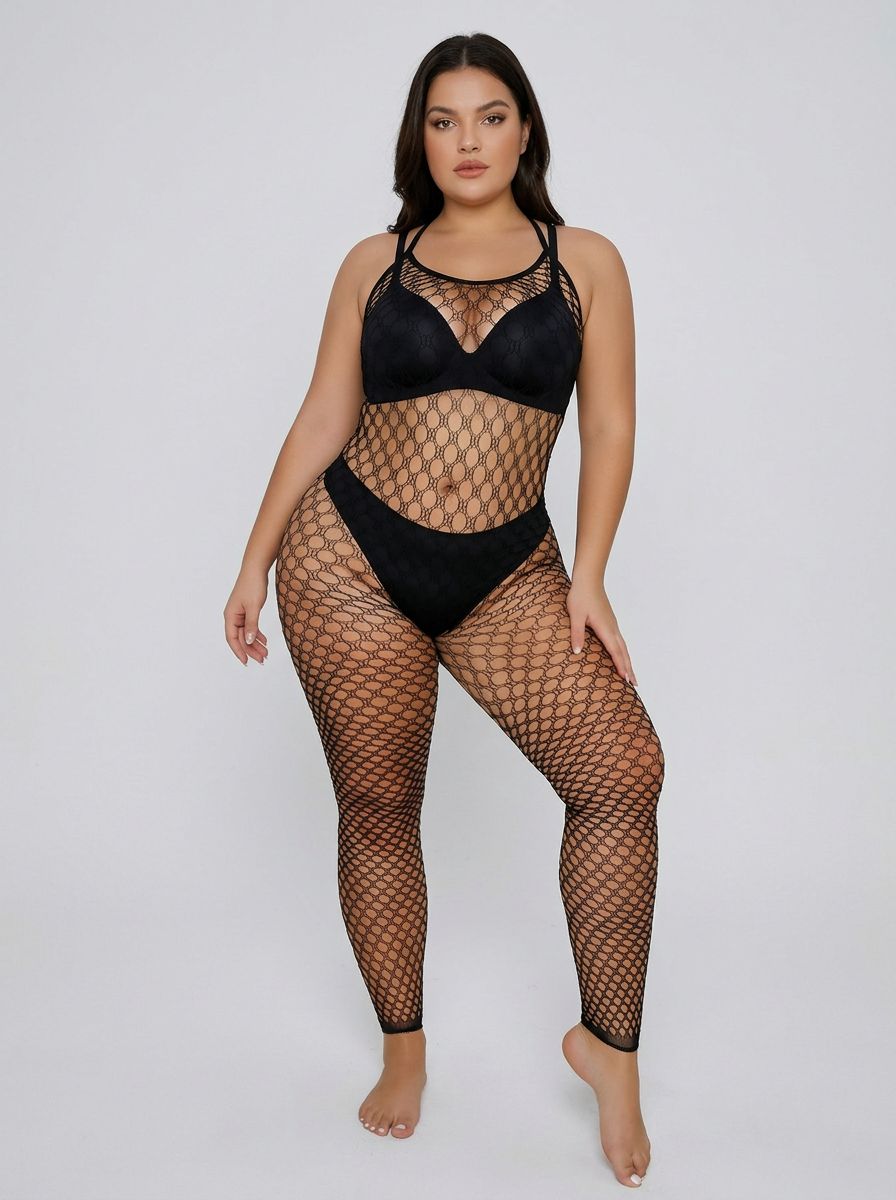Lace by LJ Plus Size Footless Crochet Bodystocking, showcasing the intricate crochet pattern and elegant footless bodystocking design