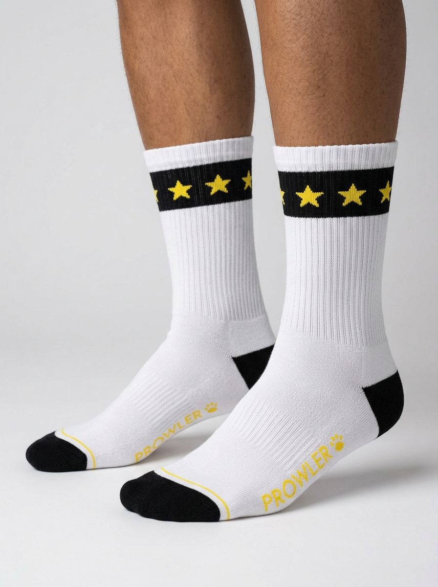 Prowler Gold Star Cotton Crew Socks in a vibrant multi-colour design with bold Gold Star lettering
