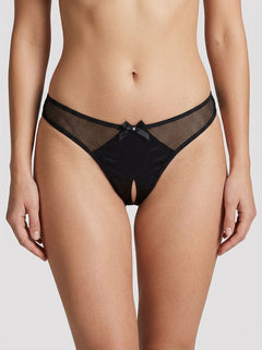 Rene Rofe Black Crotchless Fishnet Mesh Bow Detail Panty showcasing seductive style and daring design, the ultimate crotchless fishnet panty.