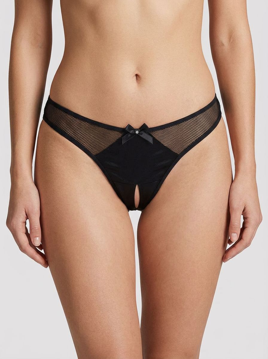 Rene Rofe Black Crotchless Fishnet Mesh Bow Detail Panty showcasing seductive style and daring design, the ultimate crotchless fishnet panty.
