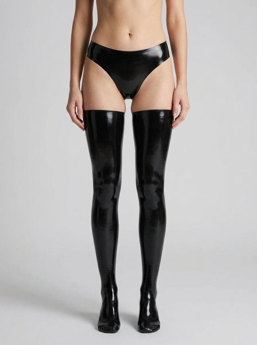 Allure Alluring Kitten wet look suspender stockings, thigh-high hosiery with a glossy finish and adjustable suspender straps.