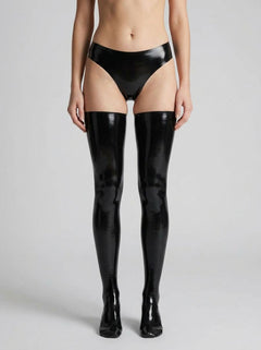Detail view of Allure Alluring Kitten Wet Look Suspender Stockings featuring integrated suspender design and soft stretch fabric for a flattering fit.
