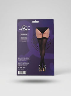 Flat lay of Lace by LJ Thigh High Stockings with Bow on a plush surface, highlighting the soft texture and delightful bow detail of these stockings with bow.