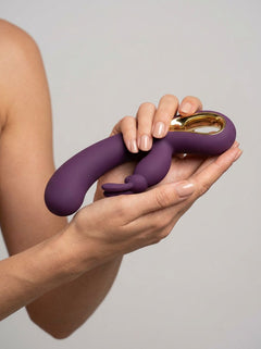 Pretty Love Liam Rabbit G-Spot Vibrator Purple beautifully displayed, emphasizing body-safe silicone material and rechargeable convenience for a luxurious experience.